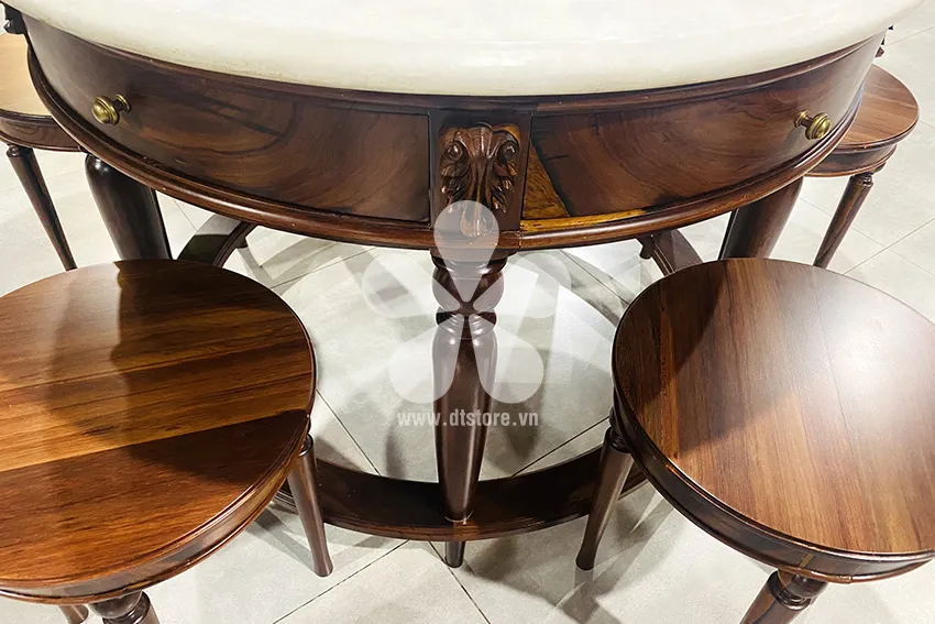 Round table set DTBBT01. Dimensions: round face 81cm, height 75cm. Material: Rosewood & Marble.