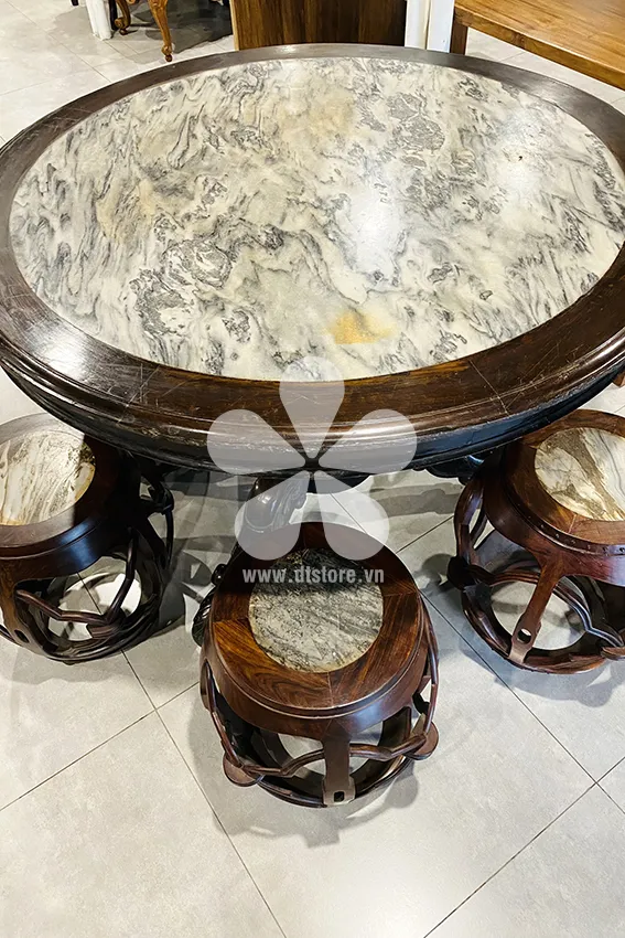 Vintage stone table DTBAX04. Dimensions: round face 115cm, height 81cm. Material: Go Mat wood & ancient stone surface.